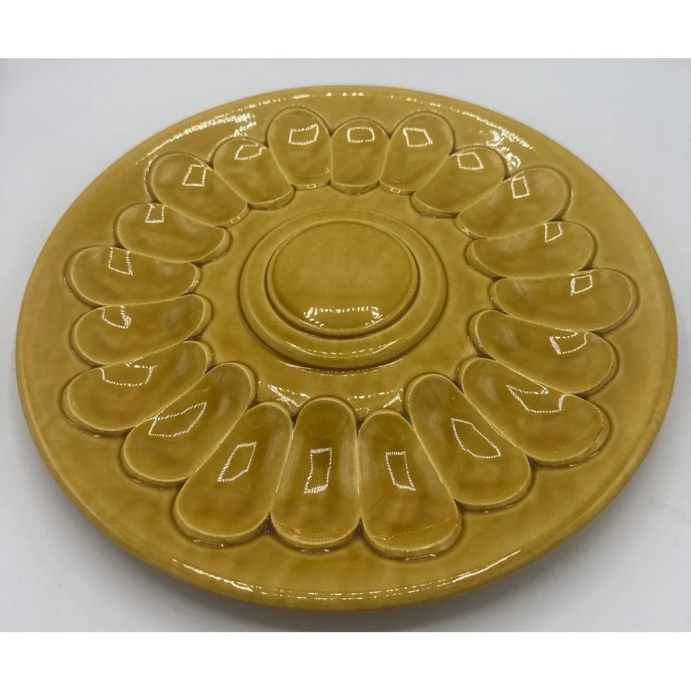 Vtg Yellow California Pottery Platter Egg Trinket Divider Toureen Base Yard Art